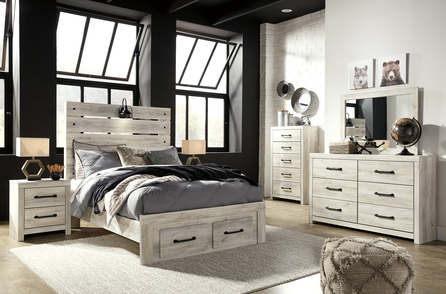 Cambeck  Panel Bed With 2 Storage Drawers With Mirrored Dresser, Chest And 2 Nightstands