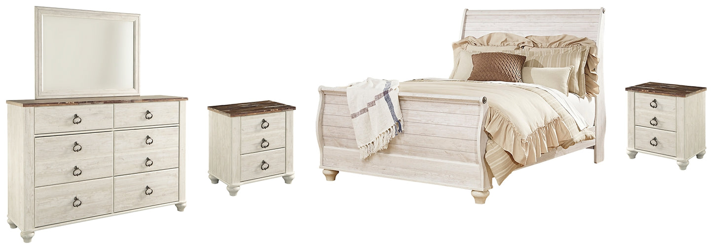 Willowton  Sleigh Bed With Mirrored Dresser And 2 Nightstands