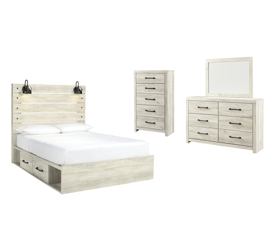 Cambeck Twin Panel Bed with 4 Storage Drawers with Mirrored Dresser and Chest