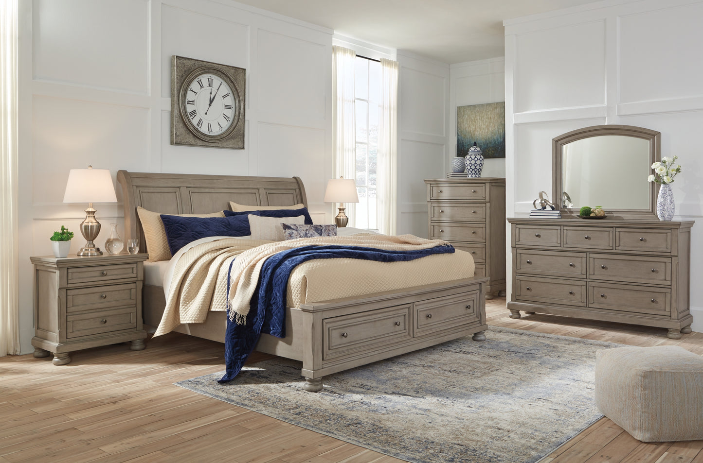 Lettner King Sleigh Bed with 2 Storage Drawers with Mirrored Dresser and 2 Nightstands