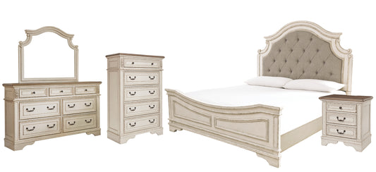 Realyn  Upholstered Panel Bed With Mirrored Dresser, Chest And Nightstand