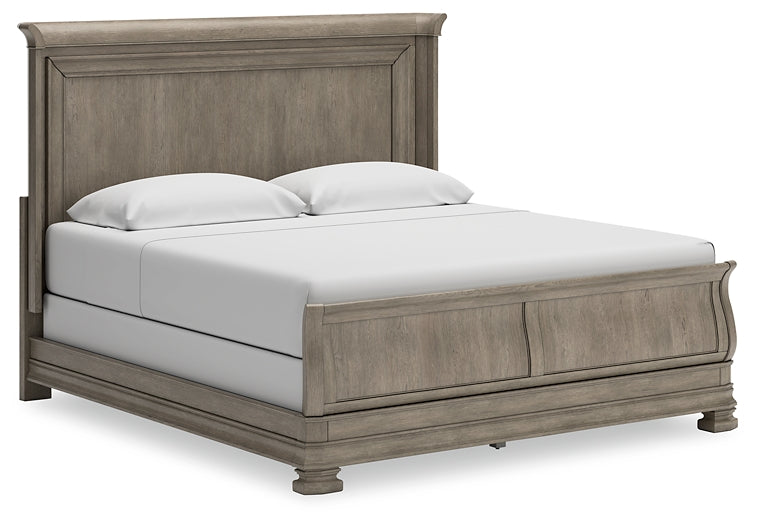 Lexorne California King Sleigh Bed with Mirrored Dresser and Nightstand