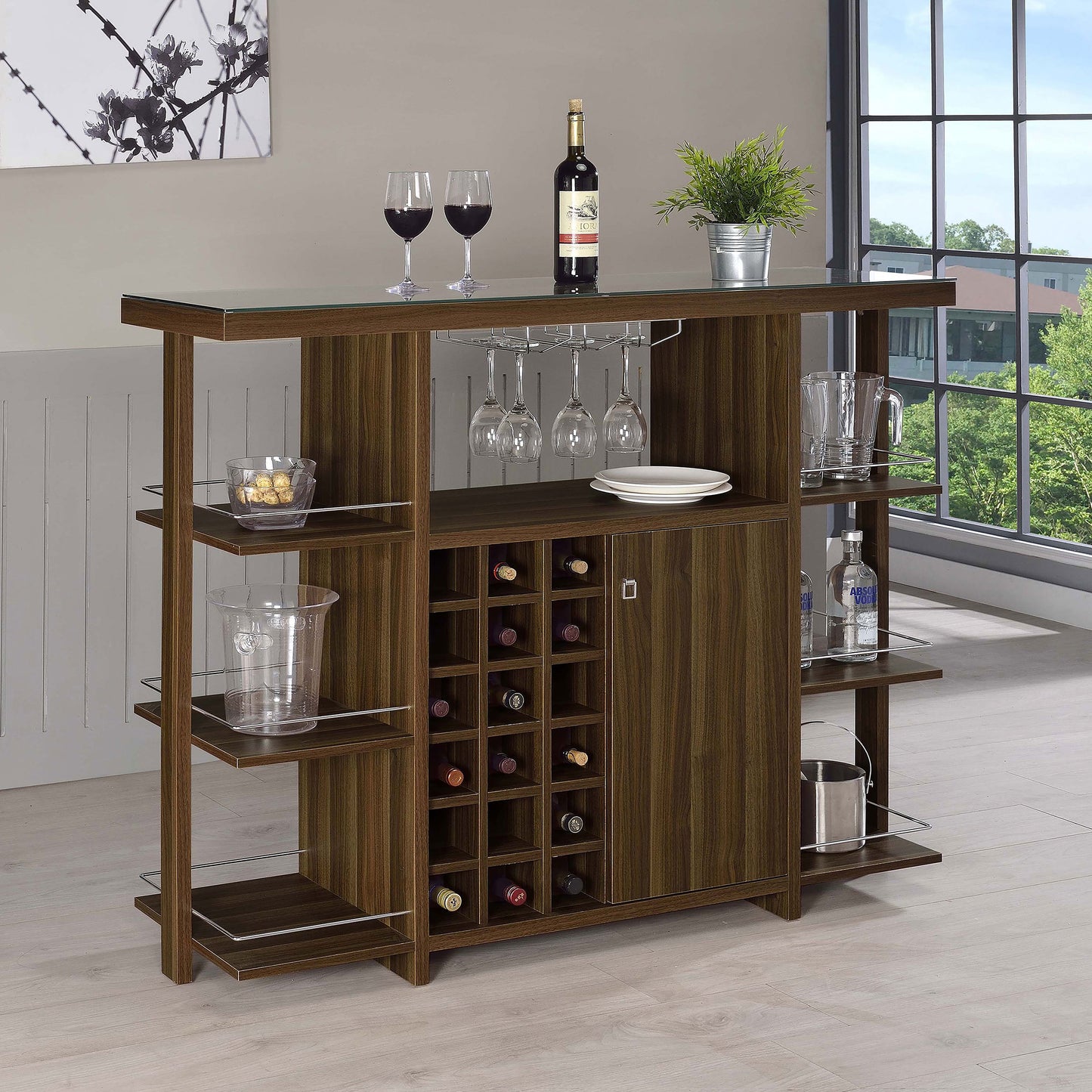 Evelio 6-shelf Glass Top Home Bar Wine Cabinet Walnut