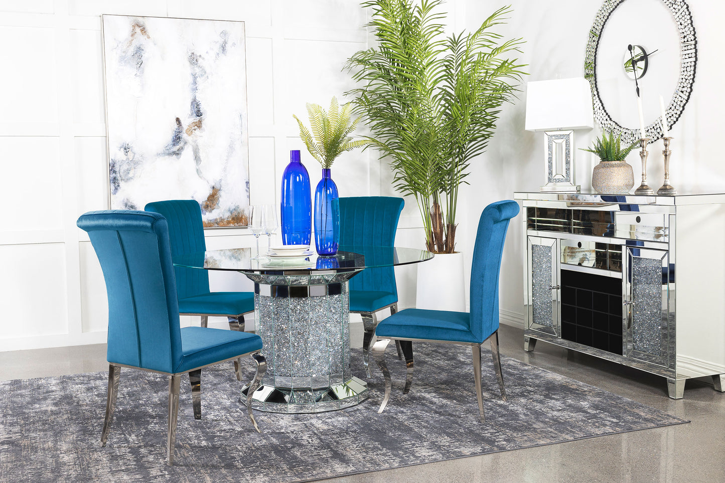 Ellie 5-piece Mirrored Pedestal Dining Table Set Teal