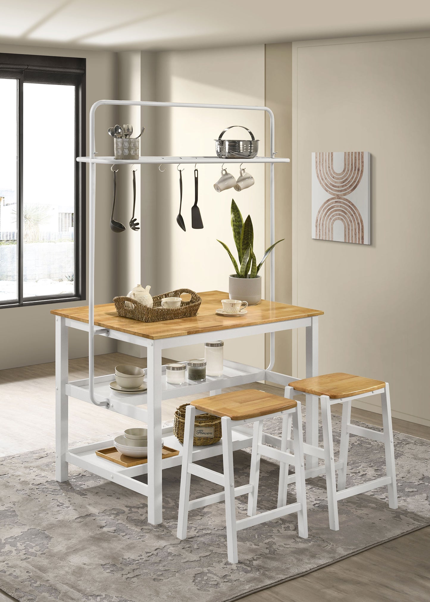 Edgeworth Kitchen Island Counter Table with Pot Rack White