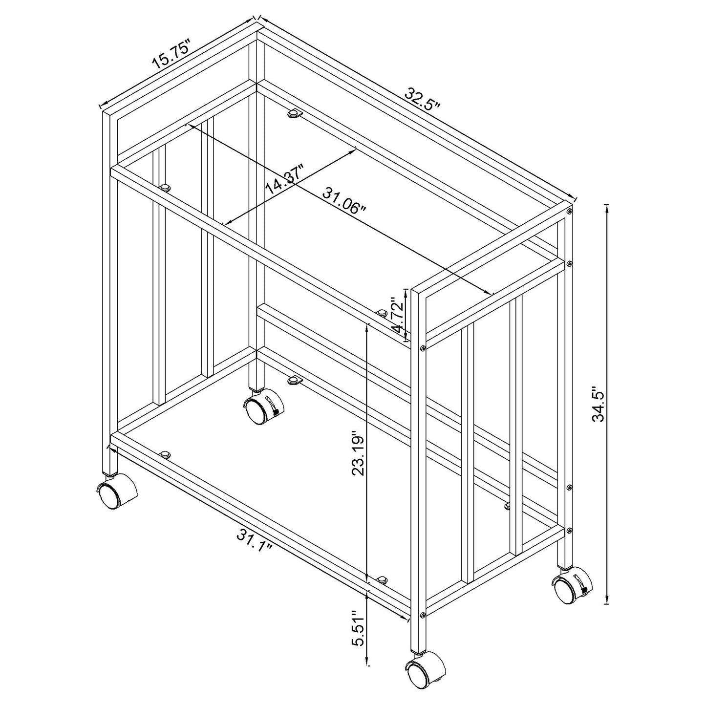 Cara 2-tier Rectangular Glass Shelf Metal Bar Cart Brass