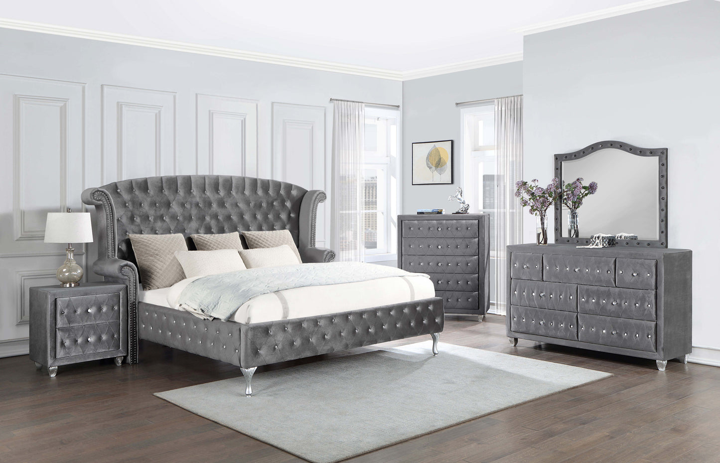 Deanna Upholstered Eastern King Wingback Bed Grey