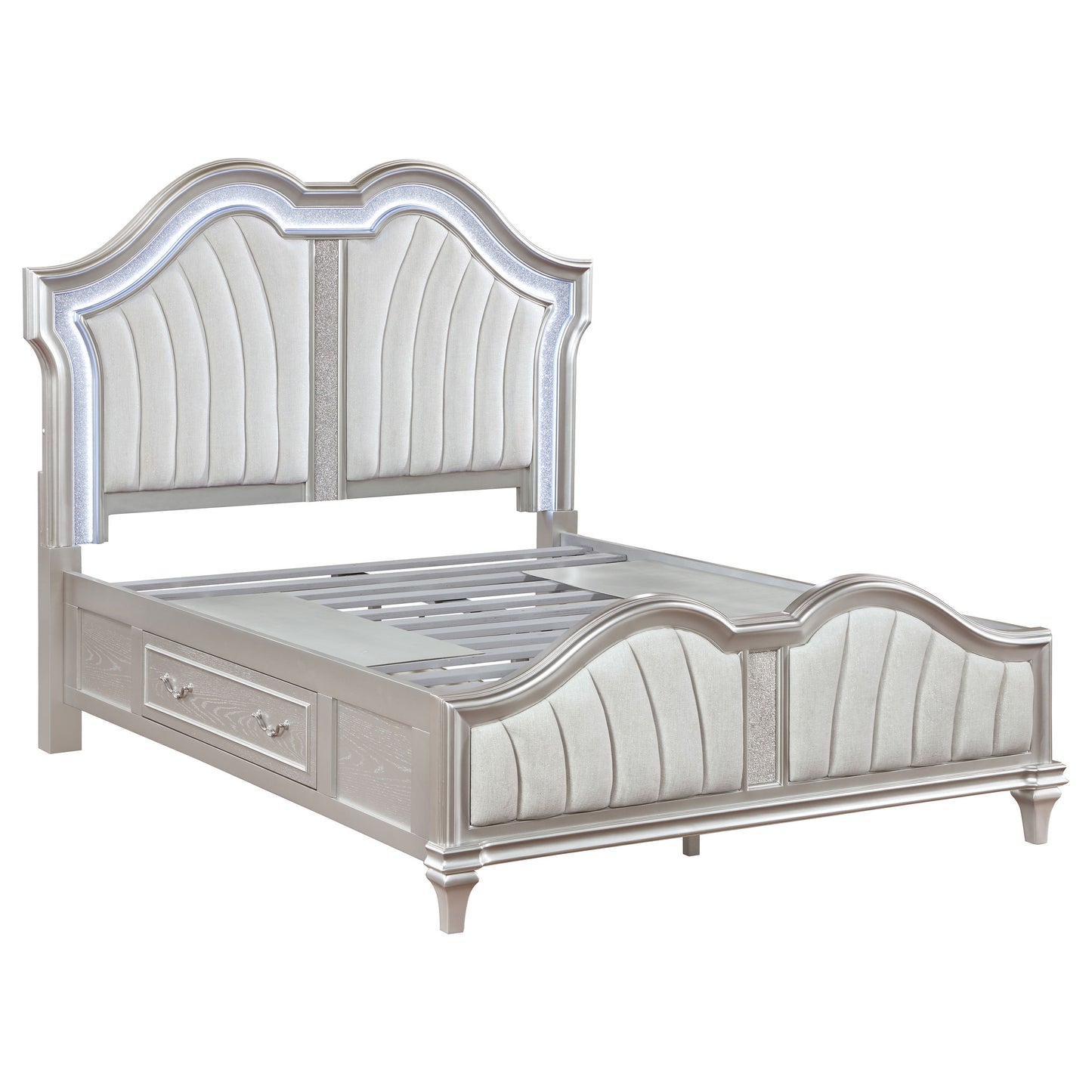 Evangeline Eastern King LED Storage Panel Bed Silver Oak