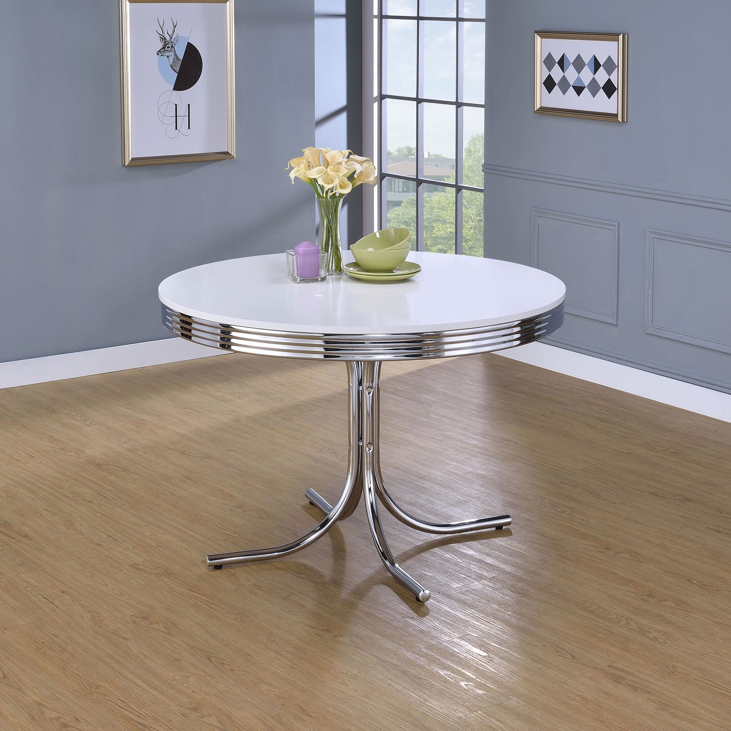 Retro Round 42-inch Wood Top Dining Table White and Chrome