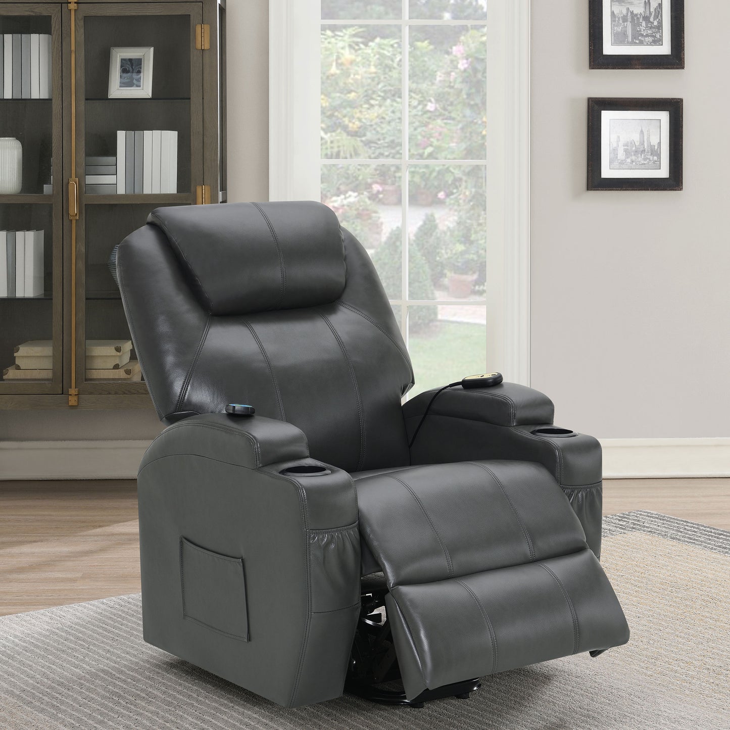 Sanger Upholstered Power Lift Massage Recliner Charcoal Grey