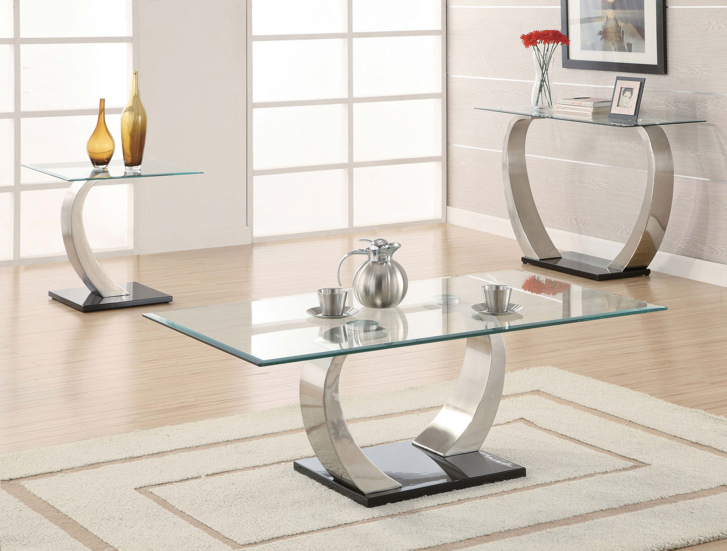 Pruitt Glass Top Metal Base Console Table Satin Silver