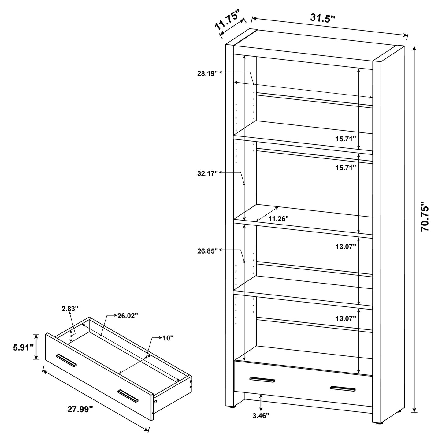 Skylar 71-inch 5-shelf Bookcase with Drawer Cappuccino