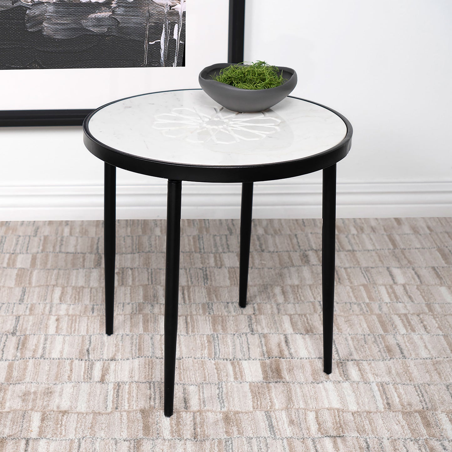 Kofi Round Marble Top Accent Side Table White and Black