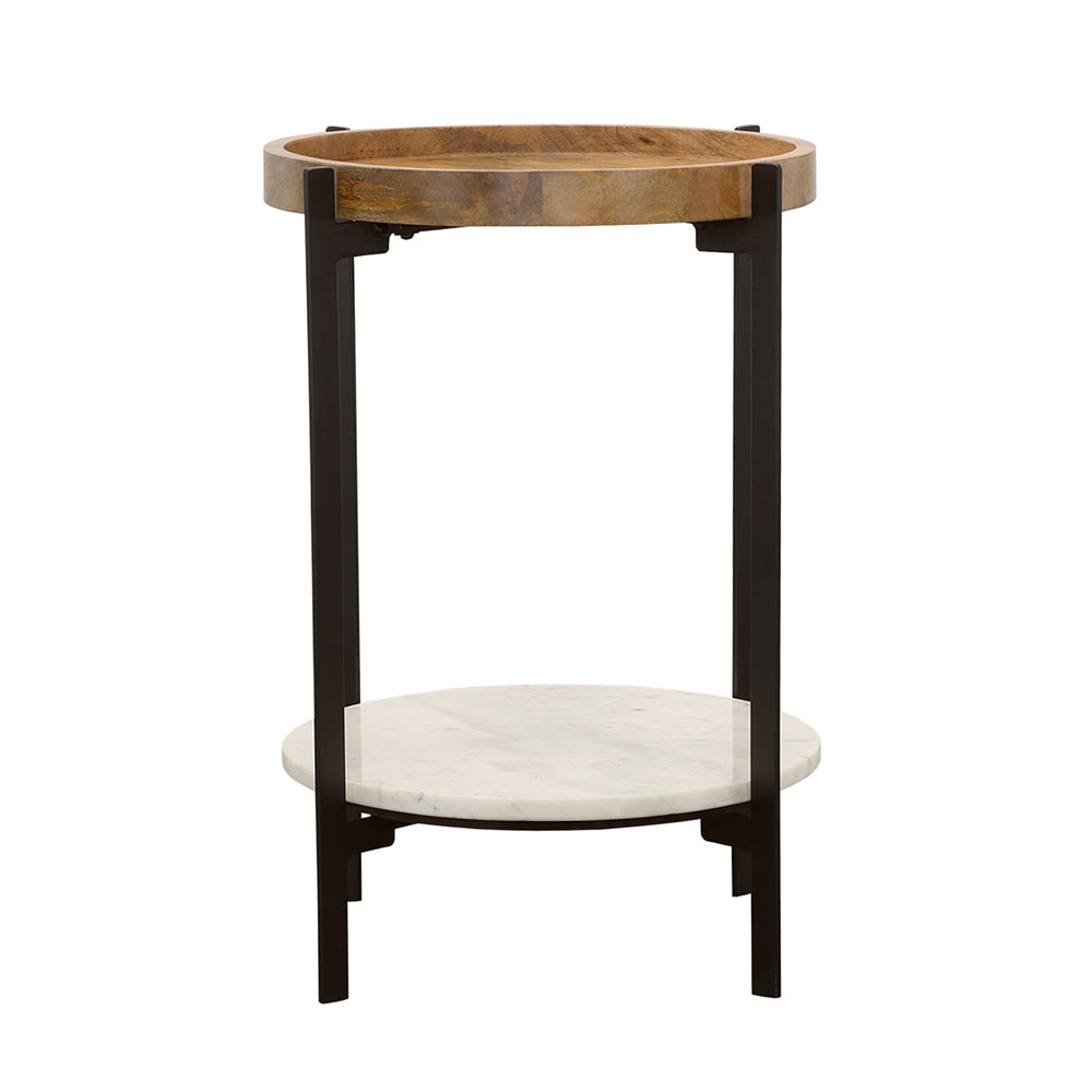 Adhvik Round Side Table with Marble Shelf Natural and Black