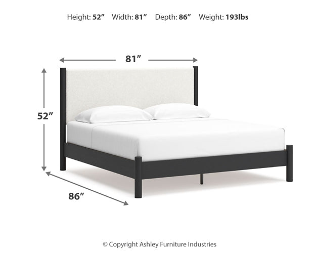 Cadmori King Upholstered Panel Bed with Mirrored Dresser and Chest