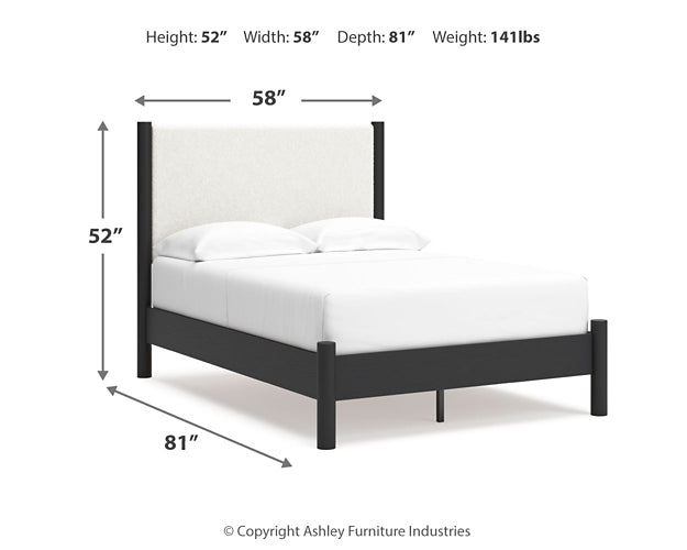 Cadmori Full Upholstered Panel Bed with Mirrored Dresser and Chest