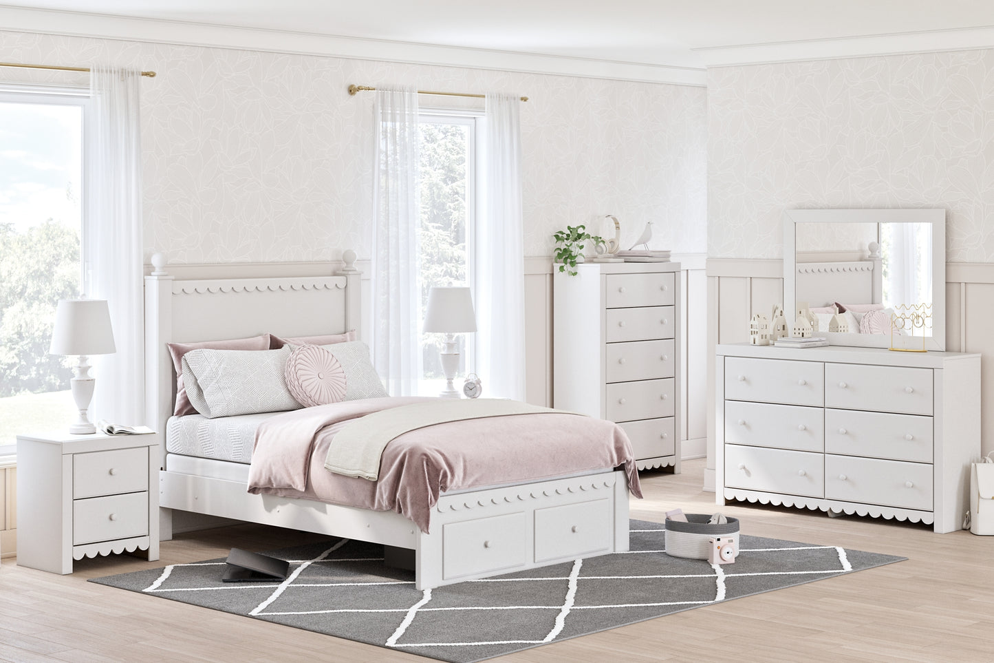 Mollviney Full Panel Storage Bed with Mirrored Dresser and Nightstand