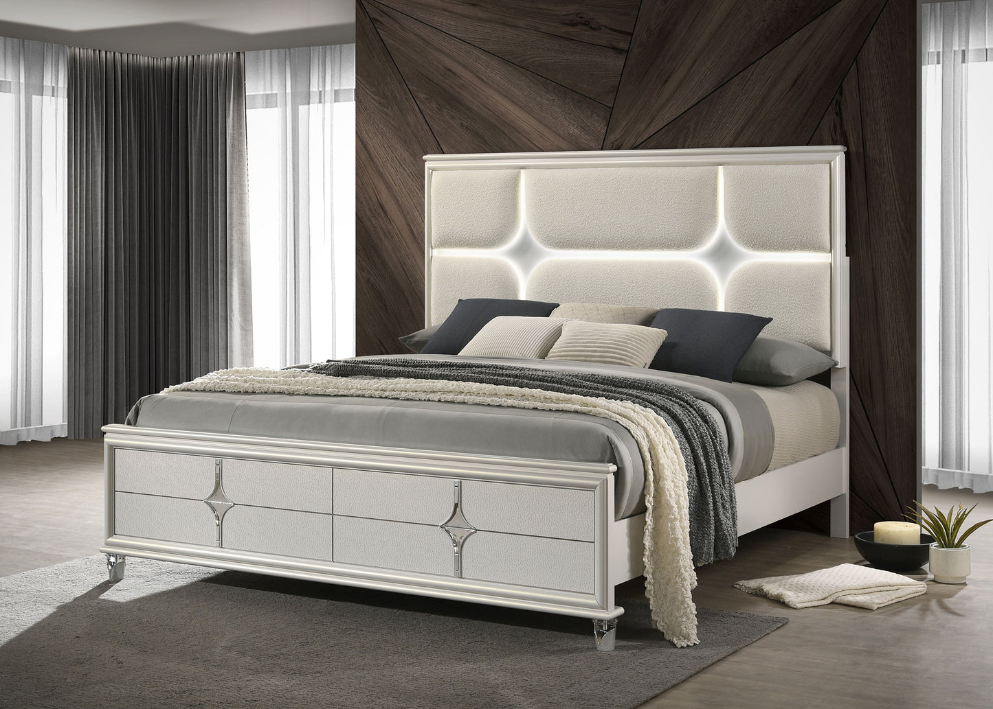 Olivia California King Panel Bed LED Headboard Pearl White