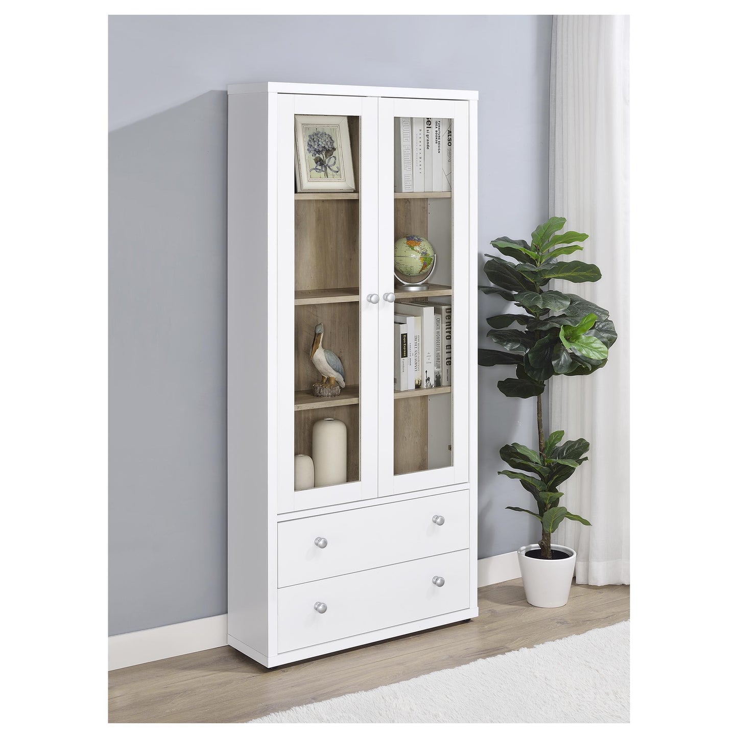 Hawthorne 4-shelf Glass Door Tall Cabinet with Drawers White