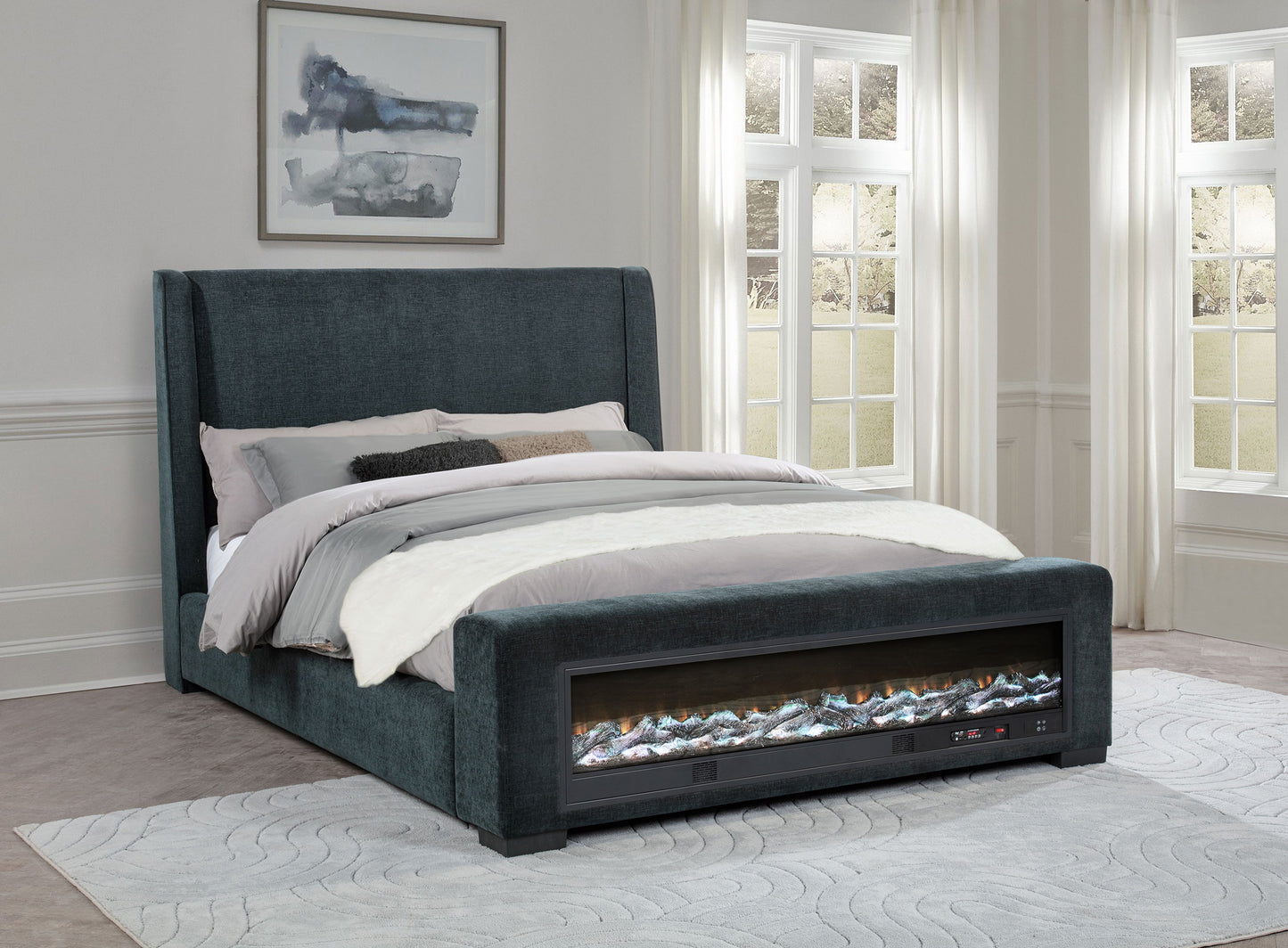 Preston Upholstered Eastern King Audio Fireplace Bed Blue