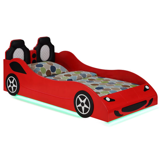 Cruiser Wood Twin LED Race Car Bed and 7-inch Mattress Red